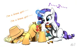 Size: 1997x1239 | Tagged: safe, artist:questionmarkdragon, derpibooru import, applejack, rarity, earth pony, pony, unicorn, applejack's hat, bandaid, cowboy hat, crying, duo, eyes closed, glow, glowing horn, gritted teeth, hat, horn, image, magic, ouch, png, simple background, splinter, tears of pain, white background, wood