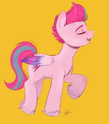 Size: 1584x1800 | Tagged: safe, artist:latiatonta, derpibooru import, zipp storm, pegasus, pony, my little pony: a new generation, eyes closed, female, g5, image, jpeg, mare, signature, simple background, solo, solo female, yellow background