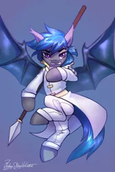 Size: 2000x3000 | Tagged: safe, artist:jedayskayvoker, derpibooru import, oc, oc:nocturne star, bat pony, pony, attack, bat pony oc, bat wings, clothes, flying, gradient background, image, looking at you, male, png, slit pupils, solo, spear, stallion, uniform, weapon, wings