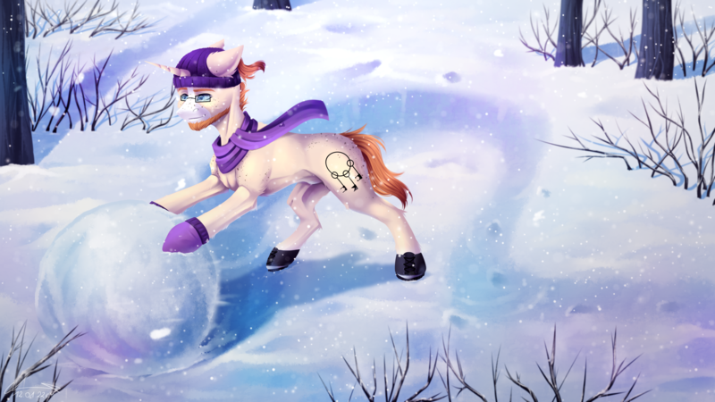 Size: 3960x2228 | Tagged: safe, artist:lunciakkk, derpibooru import, oc, oc:mckeypl, unofficial characters only, clothes, commission, forest, forest background, image, png, scarf, snow, snowman, tree, winter