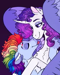 Size: 1500x1875 | Tagged: safe, artist:eeelt, derpibooru import, rainbow dash, rarity, curved horn, ear piercing, female, horn, image, lesbian, nuzzling, piercing, png, purple background, raridash, shipping, simple background, tongue out, wings