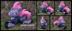 Size: 4095x1754 | Tagged: safe, artist:peruserofpieces, derpibooru import, tempest shadow, pony, unicorn, my little pony: the movie, armor, beanie (plushie), bodysuit, broken horn, clothes, combat armor, eye scar, female, horn, image, irl, looking at you, lying down, mare, photo, plushie, png, prone, scar, smiling, smiling at you, solo, sploot, tree