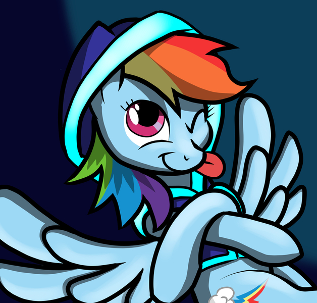 Size: 1280x1223 | Tagged: safe, artist:sirtreasurehunter, derpibooru import, rainbow dash, pegasus, pony, ;p, clothes, crossed hooves, female, hoodie, image, jpeg, mare, one eye closed, smiling, solo, tongue out, wink