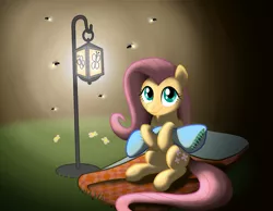 Size: 1280x993 | Tagged: safe, artist:sirtreasurehunter, derpibooru import, fluttershy, firefly (insect), insect, pegasus, pony, female, image, jpeg, lantern, looking at you, mare, pillow, sitting, smiling, smiling at you, solo