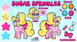 Size: 5088x2787 | Tagged: safe, artist:shyshyoctavia, derpibooru import, oc, oc:sugar sprinkles, earth pony, pony, birthday, bow, cupcake, curly hair, ear piercing, earring, food, hat, image, jewelry, multicolored hooves, party, party hat, piercing, png, reference sheet, sfw, solo, sprinkles, tail, tail bow, yellow hair