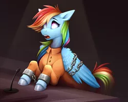 Size: 5906x4724 | Tagged: safe, artist:buvanybu, derpibooru import, pegasus, pony, bound wings, chained, chains, clothes, courtroom, cuffed, female, image, mare, open mouth, png, prison outfit, prisoner rd, shackles, shocked, solo, wings