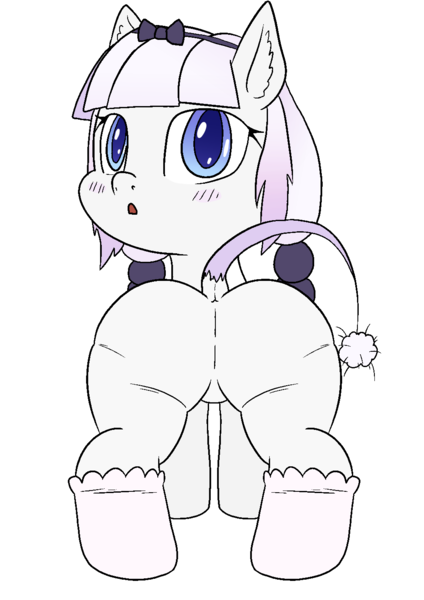 Size: 1000x1414 | Tagged: suggestive, artist:happy harvey, derpibooru import, ponified, earth pony, pony, anime, blushing, bow, butt, clothes, dock, dragon maid, drawn on phone, ear fluff, female, filly, foal, hair accessory, hair beads, hair bow, image, kanna kamui, looking at you, miss kobayashi's dragon maid, png, raised tail, simple background, socks, tail, thigh highs, transparent background, wide hips