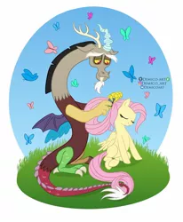 Size: 1200x1453 | Tagged: safe, artist:demico_art, derpibooru import, discord, fluttershy, butterfly, draconequus, insect, pegasus, the last problem, beard, eyes closed, facial hair, female, flower, image, jpeg, male, sky, smiling, wings