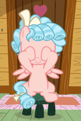 Size: 696x1040 | Tagged: safe, derpibooru import, screencap, cozy glow, pegasus, pony, marks for effort, season 8, spoiler:s08, animated, bow, clubhouse, covered eyes, covering eyes, cozybetes, cropped, crusaders clubhouse, curly mane, cute, excited, female, filly, foal, freckles, gif, image, peekaboo, ribbon, rug, sitting, small wings, solo, stool, talking, two toned mane, wings