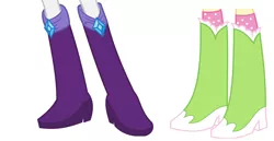 Size: 2704x1400 | Tagged: safe, derpibooru import, screencap, fluttershy, rarity, equestria girls, boots, clothes, diamond, duo, high heel boots, image, legs, pictures of legs, png, shoes, simple background, socks, white background