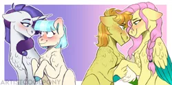 Size: 2228x1109 | Tagged: safe, artist:artistcoolpony, derpibooru import, braeburn, coco pommel, fluttershy, rarity, earth pony, pegasus, pony, unicorn, blushing, braeshy, braid, colored hooves, colored wings, colored wingtips, feathered fetlocks, female, floppy ears, image, lesbian, looking at each other, looking at someone, male, mare, marshmallow coco, png, shipping, stallion, straight, wings