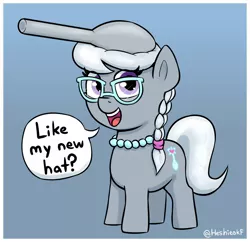 Size: 1514x1464 | Tagged: safe, artist:heretichesh, derpibooru import, silver spoon, earth pony, pony, dialogue, female, filly, foal, glasses, gradient background, image, jewelry, jpeg, necklace, pearl necklace, solo, speech bubble, spoon, talking to viewer