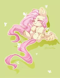 Size: 1500x1950 | Tagged: safe, artist:qamar, derpibooru import, fluttershy, butterfly, insect, pegasus, pony, :p, blushing, chest fluff, colored hooves, cute, ear fluff, eyes closed, female, frog (hoof), green background, image, jpeg, mare, shyabetes, simple background, solo, tongue out, underhoof