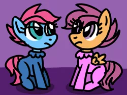 Size: 1024x768 | Tagged: safe, artist:danielthebrony57, derpibooru import, baby cuddles, scootaloo, earth pony, pegasus, pony, babuddles, baby, baby cuddles is not amused, baby pony, baby scootaloo, best friends, clothes, cuddlebetes, cute, cutealoo, duo, eye clipping through hair, female, filly, foal, footed sleeper, footie pajamas, frown, g1, g1 to g4, g4, generation leap, image, indoors, living room, onesie, pajamas, png, pretend, scootaloo is not amused, shadow, sitting, unamused, younger