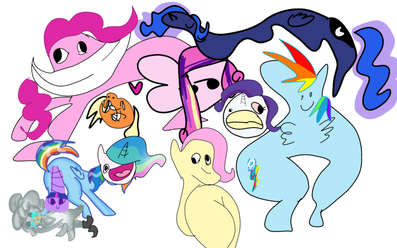 Size: 1920x1200 | Tagged: suggestive, derpibooru import, applejack, cozy glow, fluttershy, pinkie pie, princess cadance, princess celestia, princess luna, rainbow dash, rarity, twilight sparkle, pegasus, pony, abuse, butt, cobble glow, cozybuse, crying, female, image, mane six, not salmon, png, royal sisters, siblings, simple background, sisters, transparent background, wat, wide smile