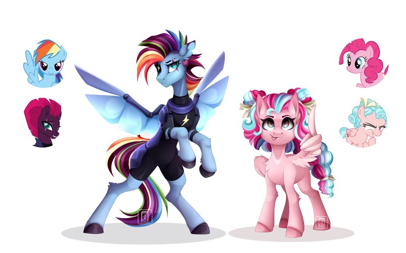 Size: 4096x2560 | Tagged: safe, artist:buvanybu, derpibooru import, cozy glow, fizzlepop berrytwist, pinkie pie, rainbow dash, tempest shadow, pegasus, pony, alternate hairstyle, artificial wings, augmented, bipedal, bow, cute, eye scar, eyepatch, freckles, fusion, hair bow, image, jpeg, lidded eyes, lightning, looking at you, mechanical wing, scar, simple background, skinsuit, smiling, spread wings, tongue out, white background, wings