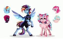 Size: 4096x2560 | Tagged: safe, artist:buvanybu, derpibooru import, cozy glow, fizzlepop berrytwist, pinkie pie, rainbow dash, tempest shadow, pegasus, pony, alternate hairstyle, artificial wings, augmented, bipedal, bow, cute, eye scar, eyepatch, freckles, fusion, hair bow, image, jpeg, lidded eyes, lightning, looking at you, mechanical wing, scar, simple background, skinsuit, smiling, spread wings, tongue out, white background, wings