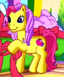 Size: 272x328 | Tagged: safe, derpibooru import, screencap, apple spice, bow tie (g3), bowtie (g3), earth pony, pony, the princess promenade, cropped, cute, dexterous hooves, female, friendship and flowers, g3, garden, image, jpeg, mare, offscreen character, parade, ribbon, smiling, solo, solo focus, spiceabetes