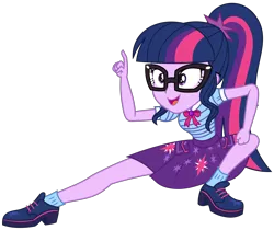 Size: 3034x2547 | Tagged: safe, artist:sketchmcreations, derpibooru import, sci-twi, twilight sparkle, equestria girls, equestria girls series, holidays unwrapped, spoiler:eqg series (season 2), clothes, crouching, female, geode of telekinesis, glasses, high res, image, magical geodes, open mouth, open smile, png, pointing, simple background, skirt, smiling, solo, the cider louse fools, transparent background, vector