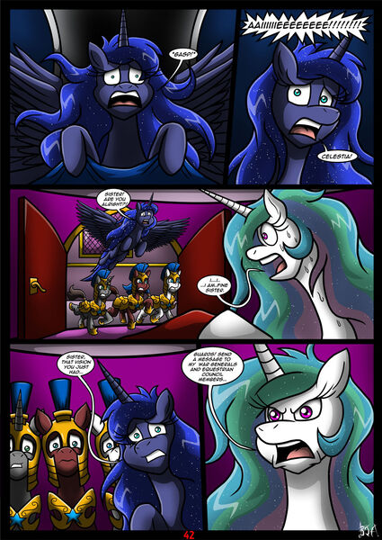 Size: 1280x1808 | Tagged: safe, artist:darklamprey, derpibooru import, princess celestia, princess luna, alicorn, pony, comic:equestria's war of the worlds, canterlot castle, celestia's bedroom, comic, crossover, dialogue, female, flashback, image, jpeg, luna's bedroom, panic, prophecy, royal guard, royal sisters, screaming, siblings, sisters, sweat, the war of the worlds, waking up, word balloon