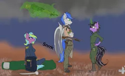 Size: 4951x3034 | Tagged: safe, artist:shade stride, derpibooru import, oc, oc:lavender sprout, oc:shade stride, oc:whisper stream, anthro, bat pony, unicorn, fallout equestria, backpack, bat pony oc, bat wings, clothes, facing each other, group, gun, handgun, image, jumpsuit, light machine gun, magic, magic aura, outdoors, pistol, png, shotgun, sitting, standing, sword, text, vault suit, weapon, wings