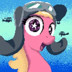 Size: 512x512 | Tagged: safe, artist:anonymous, derpibooru import, cherry berry, earth pony, pony, aviator goggles, aviator hat, female, goggles, hat, hot air balloon, image, looking at you, mare, pixel art, plane, png, smiling, solo