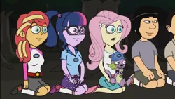 Size: 1280x720 | Tagged: safe, derpibooru import, screencap, fluttershy, sci-twi, spike, spike the regular dog, sunset shimmer, twilight sparkle, dog, equestria girls, big time rush, camp everfree outfits, carlos, crossover, eddy misbehaves at camp goville, frightened, goanimate, hands on knees, image, logan, png