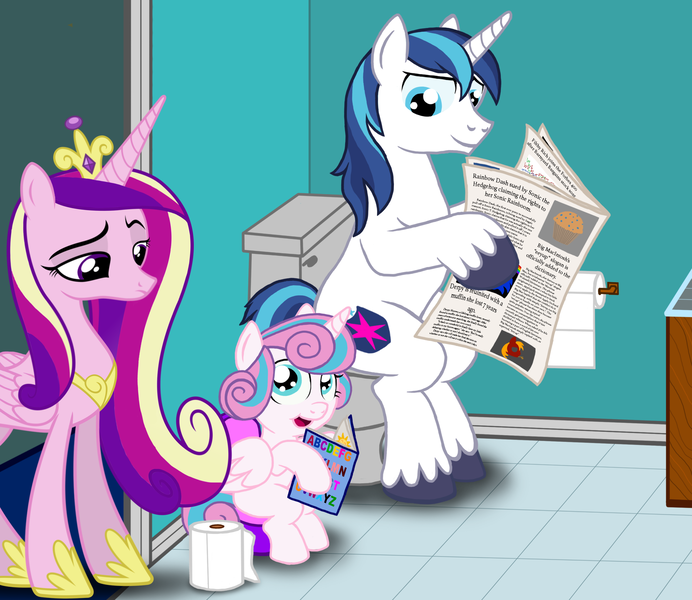 Size: 2363x2050 | Tagged: safe, anonymous artist, derpibooru import, princess cadance, princess flurry heart, shining armor, alicorn, pony, unicorn, but why, father and child, father and daughter, female, image, implied pooping, male, mare, mother and child, mother and daughter, newspaper, png, potty, potty time, sequel, sitting, stallion, toilet, toilet paper