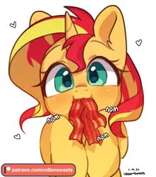 Size: 1949x2204 | Tagged: safe, artist:cottonsweets, derpibooru import, sunset shimmer, pony, unicorn, bacon, bacon hair, food, heart, image, meat, nom, png, ponies eating meat, simple background, solo, white background