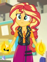 Size: 783x1024 | Tagged: safe, derpibooru import, editor:horsesplease, sunset shimmer, equestria girls, equestria girls series, holidays unwrapped, spoiler:eqg series (season 2), crying, fiery shimmer, fire, image, o come all ye squashful, png, pyromancy, pyromaniac, sad