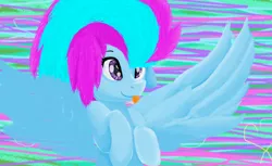 Size: 1420x868 | Tagged: safe, artist:janeblood969, derpibooru import, oc, oc:stacey lightning dash, unofficial characters only, pegasus, pony, :p, abstract background, cute, female, happy, image, mare, ocbetes, pegasus oc, png, smiling, solo, spread wings, tongue out, wings