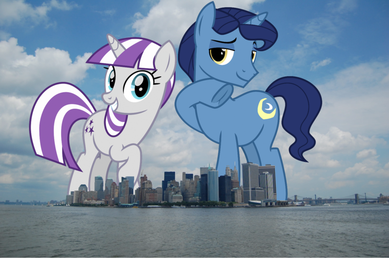 Size: 1502x999 | Tagged: safe, artist:cheezedoodle96, derpibooru import, night light, twilight velvet, pony, unicorn, female, giant pony, giantess, image, irl, macro, male, manhattan, mare, new york, new york city, photo, png, stallion, story included