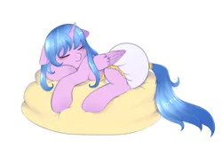 Size: 2397x1595 | Tagged: suggestive, artist:vaiola, derpibooru import, oc, unofficial characters only, alicorn, pony, adult foal, alicorn oc, bed, blushing, commission, couch, cute, diaper, diaper fetish, fetish, floppy ears, full body, horn, image, laying on bed, long mane, lying down, non-baby in diaper, on bed, png, poofy diaper, simple background, sleeping, smiling, solo, wings, ych result, your character here