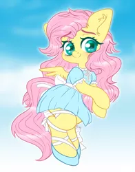 Size: 2200x2800 | Tagged: safe, artist:etoz, derpibooru import, fluttershy, pegasus, pony, semi-anthro, blushing, bow, clothes, colored pupils, cute, daaaaaaaaaaaw, dress, eyebrows, eyebrows visible through hair, female, image, looking at you, mare, png, shyabetes, sky, smiling, smiling at you, wingding eyes, wings