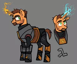 Size: 1232x1022 | Tagged: safe, artist:gearbroth, derpibooru import, ponified, pony, unicorn, facial hair, glasses, gordon freeman, gray background, half-life, hev suit, image, magic, male, png, signature, simple background, solo, stallion