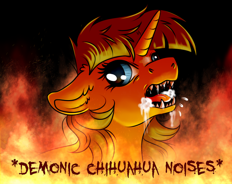 Size: 3315x2630 | Tagged: safe, artist:julunis14, derpibooru import, oc, unofficial characters only, dog, pony, unicorn, angry, behaving like a dog, ear fluff, fangs, fire, floppy ears, foaming at the mouth, high res, image, male, meme, open mouth, png, ponified meme, rabies, solo, stallion, text, x intensifies