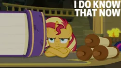 Size: 1280x720 | Tagged: safe, derpibooru import, edit, edited screencap, editor:quoterific, screencap, sunset shimmer, twilight sparkle, twilight sparkle (alicorn), alicorn, pony, unicorn, equestria girls, equestria girls series, forgotten friendship, book, female, image, jpeg, mare, offscreen character, solo focus