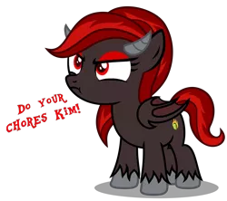 Size: 3610x3210 | Tagged: safe, artist:strategypony, derpibooru import, oc, oc:kim stone, unofficial characters only, demon, demon pony, monster pony, original species, pony, angry, cute, female, filly, foal, horns, image, lazy, madorable, png, simple background, transparent background, wings
