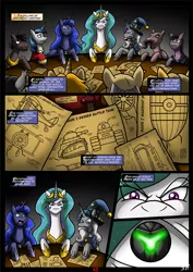 Size: 1280x1808 | Tagged: safe, artist:darklamprey, derpibooru import, princess celestia, princess luna, shining armor, star swirl the bearded, tank, alicorn, earth pony, pegasus, unicorn, comic:equestria's war of the worlds, airship, artistic license, biplane, blueprint, celestia is not amused, close-up, comic, crossover, female, flashback, image, jpeg, luna is not amused, martian, memories, narration, royal sisters, serious, serious face, siblings, sisters, table, the war of the worlds, unamused, war face, zeppelin