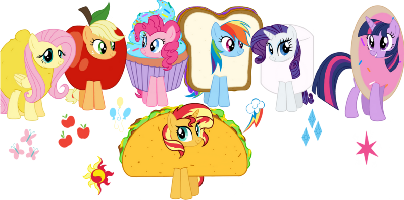 Size: 1280x635 | Tagged: safe, artist:galioncyapon, derpibooru import, applejack, fluttershy, pinkie pie, rainbow dash, rarity, sunset shimmer, twilight sparkle, twilight sparkle (alicorn), alicorn, earth pony, pegasus, unicorn, alternate mane seven, apple, apple costume, applejack is an apple, clothes, cookie, cookie costume, costume, cupcake, cupcake costume, food, food costume, image, lemon, lemon costume, mane six, marshmallow, marshmallow costume, peanut butter and jelly sandwich, peanut butter and jelly sandwich costume, pinkie pie is a cupcake, png, rarity is a marshmallow, sandwich, sandwich costume, taco, taco costume