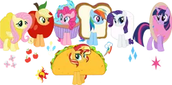 Size: 1280x635 | Tagged: safe, artist:galioncyapon, derpibooru import, applejack, fluttershy, pinkie pie, rainbow dash, rarity, sunset shimmer, twilight sparkle, twilight sparkle (alicorn), alicorn, earth pony, pegasus, unicorn, alternate mane seven, apple, apple costume, applejack is an apple, clothes, cookie, cookie costume, costume, cupcake, cupcake costume, food, food costume, image, lemon, lemon costume, mane six, marshmallow, marshmallow costume, peanut butter and jelly sandwich, peanut butter and jelly sandwich costume, pinkie pie is a cupcake, png, rarity is a marshmallow, sandwich, sandwich costume, taco, taco costume