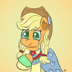 Size: 2160x2160 | Tagged: safe, artist:limitmj, derpibooru import, applejack, earth pony, pony, the big mac question, alternate hairstyle, applejack's hat, clothes, cowboy hat, crying, dress, female, flower, hat, image, mare, png, solo, tears of joy, teary eyes