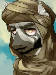 Size: 1560x2100 | Tagged: safe, artist:cadillacdynamite, derpibooru import, oc, unofficial characters only, zebra, equestria at war mod, bust, facial hair, image, male, png, portrait, solo, stallion, tuareg, zebra oc