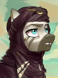 Size: 1560x2100 | Tagged: safe, artist:cadillacdynamite, derpibooru import, oc, unofficial characters only, zebra, equestria at war mod, bust, image, jewelry, male, png, portrait, solo, stallion, tuareg, zebra oc