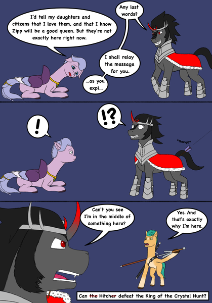 Size: 1668x2388 | Tagged: safe, artist:simonsartbookservice, derpibooru import, hitch trailblazer, king sombra, queen haven, earth pony, pegasus, pony, unicorn, my little pony: a new generation, comic, g5, image, literal butthurt, pain, png, sword, the witcher, the witcher 3, weapon, witcher