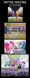 Size: 1173x3000 | Tagged: safe, derpibooru import, adagio dazzle, aria blaze, pinkie pie, rainbow dash, rarity, sonata dusk, siren, equestria girls, clothes swap, comic, fashion show, group, group picture, group shot, image, jpeg, rock and roll, the dazzlings