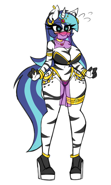 Size: 1500x2500 | Tagged: questionable, artist:nelljoestar, derpibooru import, shining armor, zebra, belly dancer, belly dancer outfit, breasts, busty gleaming shield, clothes, derpibooru exclusive, gleaming shield, harem outfit, image, jpeg, loincloth, panties, platform heels, rule 63, see-through, see-through loincloth, striped, thong, underwear, veil, zebradom