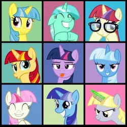 Size: 720x721 | Tagged: safe, derpibooru import, derpy hooves, lyra heartstrings, moondancer, sunset shimmer, trixie, twilight sparkle, twilight sparkle (alicorn), alicorn, pony, unicorn, eyes closed, image, instagram, png, the brady bunch, tongue out, twilight clones
