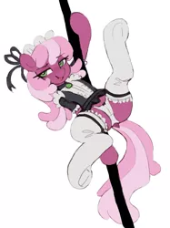 Size: 1163x1552 | Tagged: suggestive, artist:orchidpony, derpibooru import, cheerilee, earth pony, pony, bedroom eyes, blushing, clothes, female, frog (hoof), image, jpeg, maid, maid headdress, mare, pole dancing, simple background, solo, spread legs, spreading, stripper pole, underhoof, white background