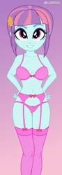 Size: 4162x11693 | Tagged: suggestive, artist:alandssparkle, derpibooru import, sunny flare, equestria girls, belly button, bra, breasts, clothes, derpibooru exclusive, female, garter belt, gradient background, hairpin, hand on hip, image, lingerie, looking at you, panties, pink underwear, png, ribbon, sexy, simple background, socks, solo, solo female, stockings, thigh highs, thong, underass, underwear